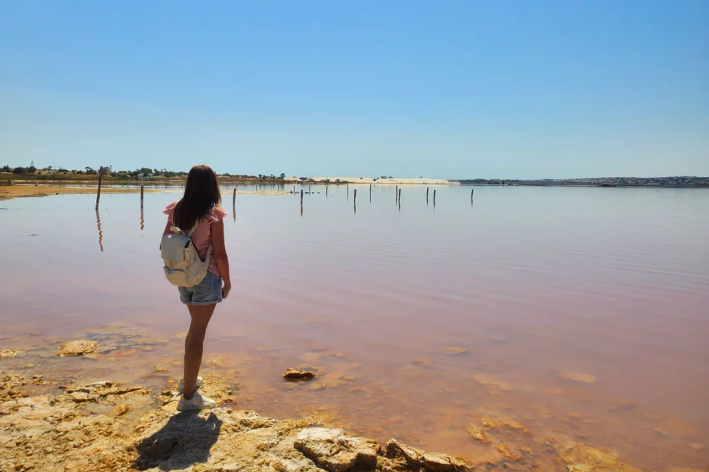 woman standing looking at the pink lake