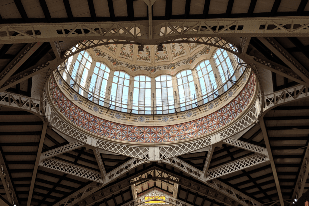 View of the stained glass dome ceiling in Mercado Central Valencia