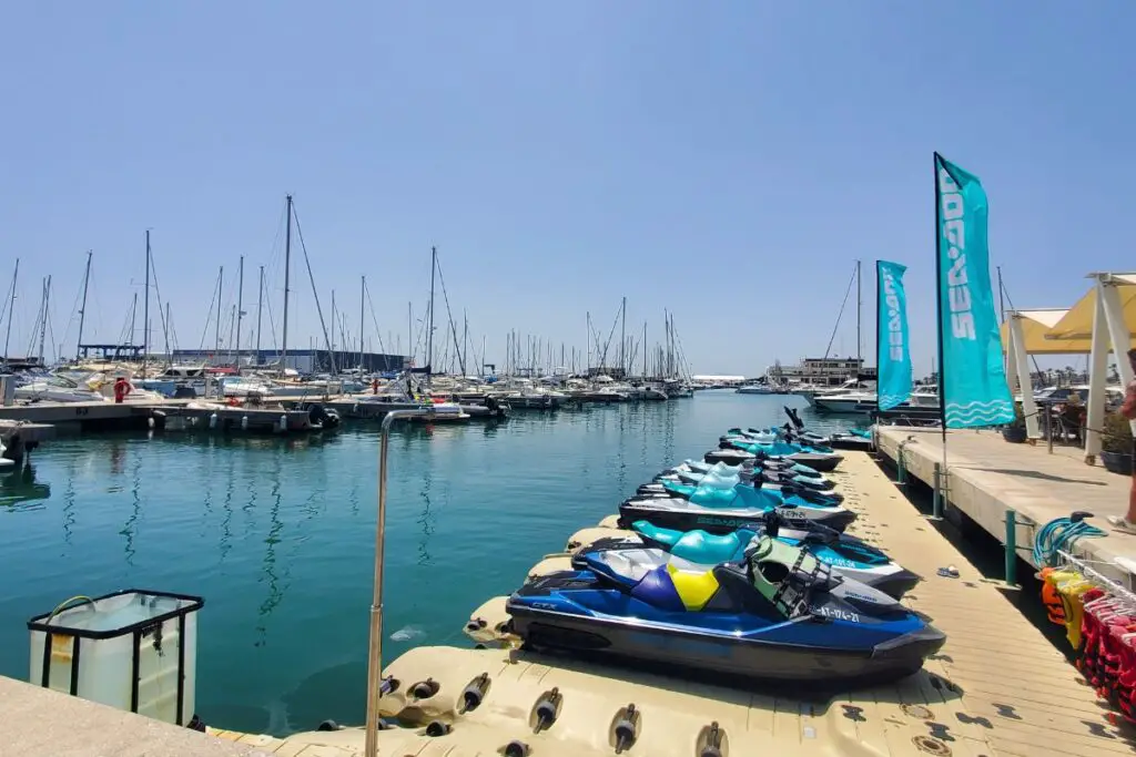 santa pola marina watersports Santa Pola marina with boats and jetskis lined up